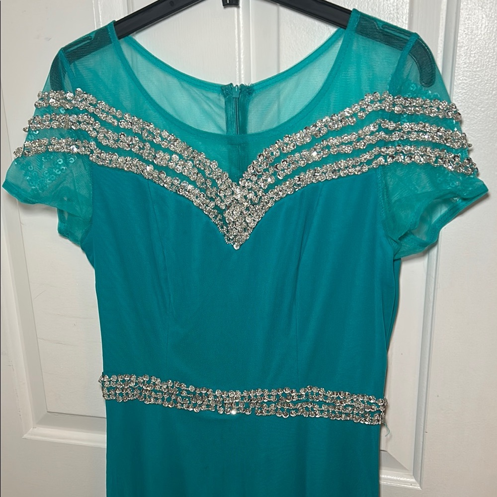 Elegant Teal Dress with Silver Embellishments